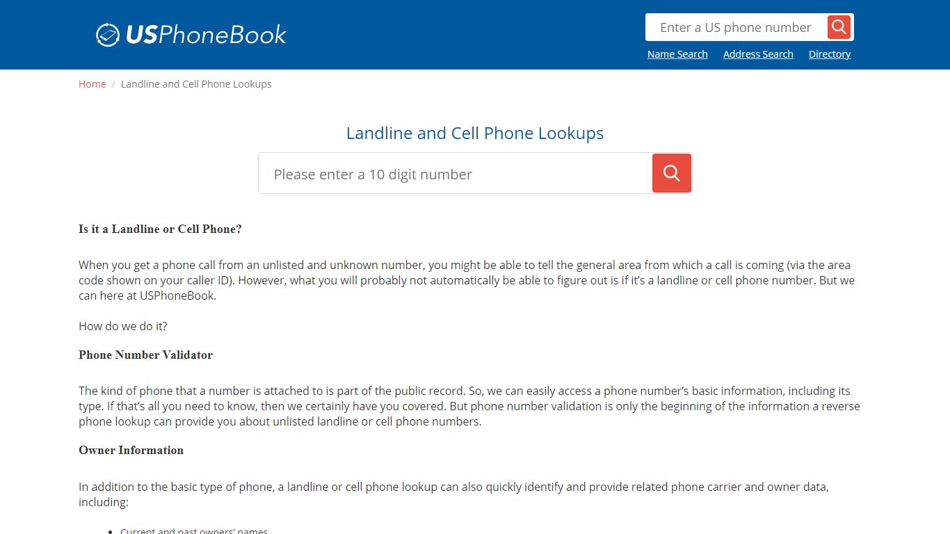 USPhoneBook - Landline and Cell Phone Lookups